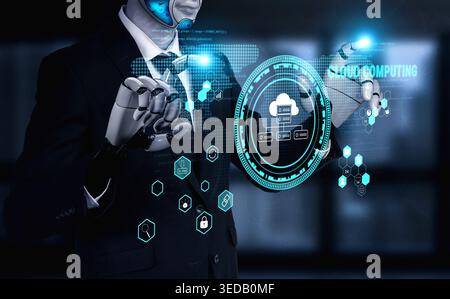 INTELLIGENZA ARTIFICIALE su una piattaforma di cloud computing globale che fornisce servizi per lo sviluppo di software. Una rete mondiale per l'archiviazione dei dati e l'hosting delle applicazioni ai Foto Stock