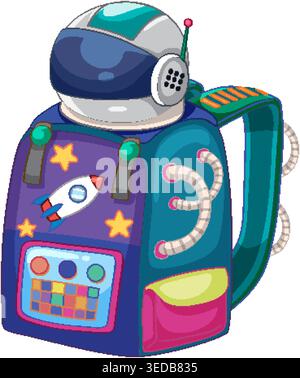 Illustrazione vettoriale di un cartone animato colorato di uno zaino scolastico a tema spaziale con un casco astronauta Illustrazione Vettoriale