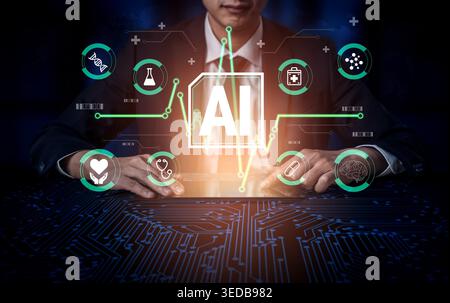 Concetto innovativo di intelligenza artificiale in medicina e scienza con simboli iconici ed elementi tecnologici del futuro Haptic. Foto Stock