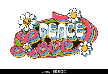 Cartoni animati hippie con scritta Peace Love daisies Illustrazione Vettoriale