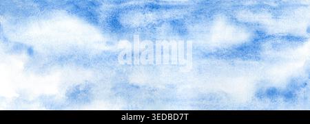 Illustrazione ad acquerello di un cielo blu sereno con soffici nuvole bianche. Il formato panoramico orizzontale è ideale per banner Web e social media Foto Stock