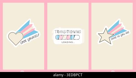 Set di banner verticali Transgender Pride Month con icone a bandiera Trans dall'estetica retrò. Modello di storia dei social media LGBTQ in stile anni '90 Illustrazione Vettoriale