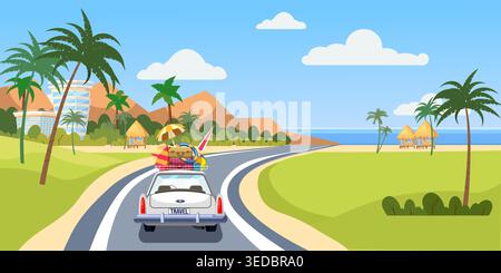 Vacanze estive su strada, mare sulla costa, oceano, palme, paesaggio tropicale del resort Illustrazione Vettoriale