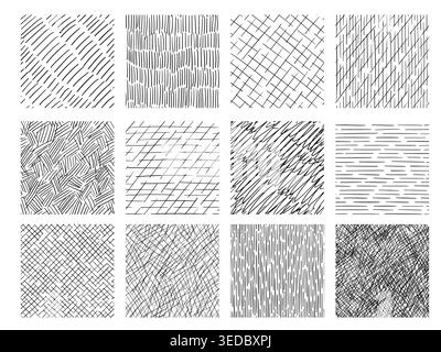 Tratteggio a matita motivi senza cuciture con campitura, linee, strisce e trame da scarabocchiare, sfondi disegnati a mano in bianco e nero, astratti Illustrazione Vettoriale