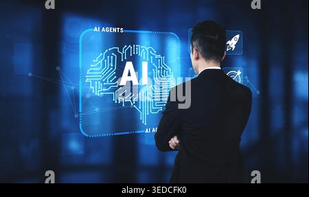Uomo d'affari professionista che analizza i concetti di intelligenza artificiale con l'interfaccia digitale in Futuristic Office Environment Quark. Foto Stock