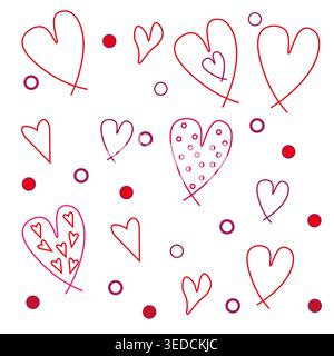 Cuori romantici. Sfondo rosso con puntini rosa. Tema d'amore modello vettoriale. Elementi da disegno carini. Illustrazione Vettoriale