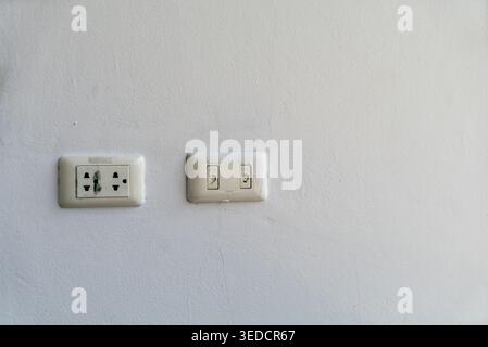 Un'immagine pulita e minimalista che mostra una parete bianca con prese elettriche e interruttori, ideale per il design di interni e il miglioramento della casa Foto Stock