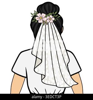 Elegante illustrazione vettoriale della sposa sul retro, decorata con un delicato velo floreale e un abito bianco. Illustrazione Vettoriale