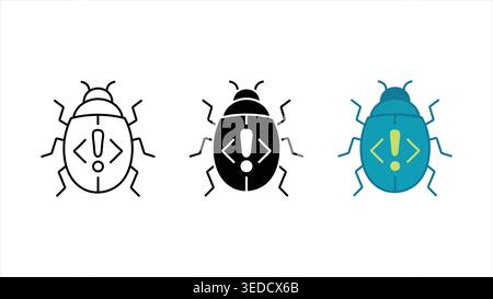 Insieme di icone di bug software con simbolo di codice e illustrazione del vettore del segnale di avvertimento Illustrazione Vettoriale