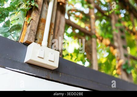 Una vista ravvicinata di un interruttore luminoso su una parete di legno circondata dal verde. La luce del sole si filtra, creando un'atmosfera calda e invitante. Foto Stock
