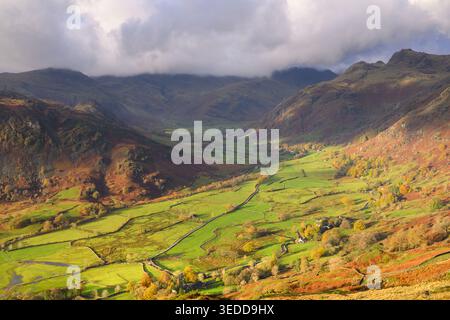 Green Fields della Great Langdale Valley nella drammatica mattinata autunnale vista da Silver How nel Lake District, Regno Unito. Foto Stock