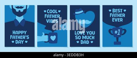 Set di carte blu disegnate a mano per la festa del papà, adatto per poster, social media, promozioni e campagne di eventi. Illustrazione Vettoriale