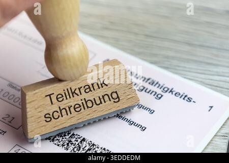 (Montaggio fotografico) primo piano di un certificato di congedo per malattia con il timbro TEILKRANKSCHREIBUNG Foto Stock