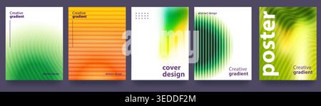 Una serie di poster astratti con sfumature e texture in vetro a coste, onde colorate e un design moderno. Transizioni sfumate uniformi, luce sfocata, A. Illustrazione Vettoriale