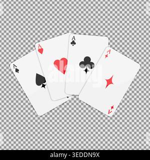 Carte da gioco assi, tra cui picche, cuori, mazze e diamanti sgranati su sfondo a scacchi. Illustrazione vettoriale Illustrazione Vettoriale