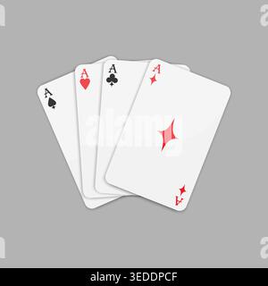 Quattro completi di assi da gioco a carte, tra cui picche, cuori, mazze e diamanti sparsi. Illustrazione vettoriale Illustrazione Vettoriale