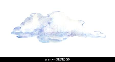 Illustrazione in acquerello di una singola nuvola eterea. Questo elemento isolato presenta una delicata miscela di sfumature blu e viola tenui. Clipart per Foto Stock