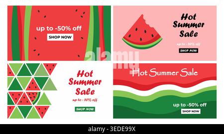 Set di promozioni estive con design a cocomero e banner di sconto per marketing retail, annunci e-commerce e sfondo delle campagne stagionali Illustrazione Vettoriale