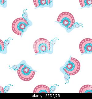 Motivo senza cuciture con graziose chiocciole su sfondo bianco. Stampa stravagante perfetta per il design tessile Illustrazione Vettoriale