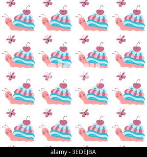Motivo senza cuciture con graziose chiocciole su sfondo bianco. Ideale per i bambini Illustrazione Vettoriale