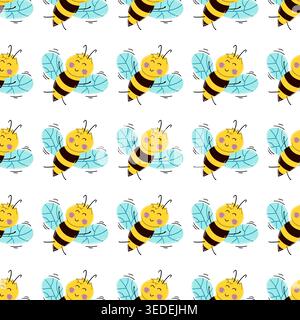 Motivo senza cuciture con graziose api cartoni animati e fiori blu su sfondo bianco. Perfetto per i bambini Illustrazione Vettoriale