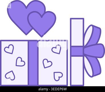 Icona regalo d'amore colorato. Icona vettoriale. Confezione regalo aperta con Bow and Hearts. San Valentino. Concetto di vacanza Illustrazione Vettoriale