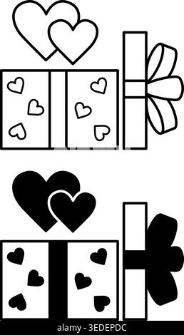 Icone regalo amore. Icone vettoriali bianche e nere. Confezione regalo aperta con Bow and Hearts. San Valentino. Concetto di vacanza Illustrazione Vettoriale