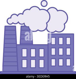 Icona di fabbrica colorata. Illustrazione vettoriale. Edificio con emissione di fumo da Chimneys. Impianto industriale con linea di produzione automatizzata Illustrazione Vettoriale