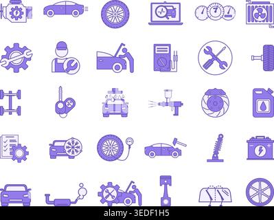 Set icone colorate di assistenza per auto. Icone vettoriali di auto, motore, ruota, autolavaggio, manutenzione elettrica, riparazione della carrozzeria, manutenzione, tergicristalli e altro ancora Illustrazione Vettoriale