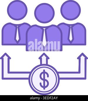 Icona dei dividendi colorati. Illustrazione vettoriale. Quota di profitto distribuita tra gli azionisti. Investitori e Dollar Coin. Concetto di mercato azionario Illustrazione Vettoriale
