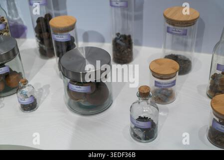Una collezione di erbe e spezie assortite esposte in vasetti di vetro con coperchi in legno. Perfetto per gli amanti della cucina alla ricerca di un ambiente fresco e organizzato Foto Stock