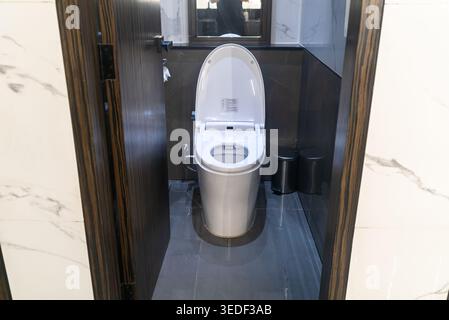 Questa immagine presenta un bagno moderno con WC high-tech. Il design elegante e le finiture eleganti favoriscono la pulizia e il comfort in un unico stile Foto Stock