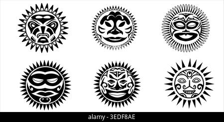 Set di sole maori, tatuaggi tribali Maori polinesiani circolari in bianco e nero, ornamenti tradizionali con volti tiki e simbolismo solare, perfetti per shou Illustrazione Vettoriale