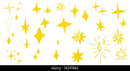 Set di stelle a doodle di pastello giallo con gesso. Brillare e brillare elemento d'oro disegnato a mano. Vettore stile bambini. Grunge forme a stella. Illustrazione Vettoriale