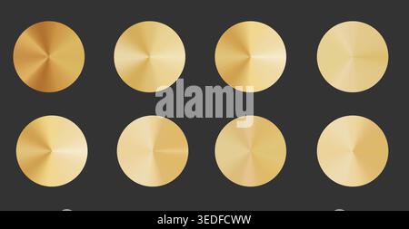 Set di forma circolare radiante dorata, vettore piatto. Tavolozza a gradiente radiale in metallo lucidato. effetto cerchio color oro. Sfondo con struttura olografica in acciaio Illustrazione Vettoriale