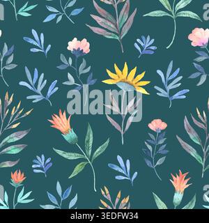 Fantasia senza cuciture con fiori astratti, vivaci ed eleganti. Illustrazione disegnata a mano in acquerello Foto Stock