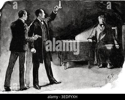 Sidney Paget (1860–1908) raffigura Sherlock Holmes e il dottor Watson a Stoke Moran, nel Surrey, nel 1892. Questa scena fondamentale illustra la conclusione di The Adventure of the Speckled Band, un lavoro fondamentale di narrativa poliziesca di Arthur Conan Doyle. Foto Stock