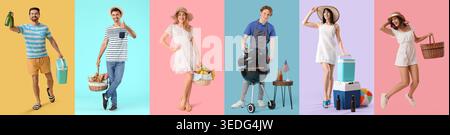 Set di giovani con cesti da picnic, barbecue e frigoriferi portatili su sfondo colorato Foto Stock