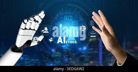 Rappresentazione simbolica dell'etica dell'intelligenza artificiale con la mano robotica e la mano umana evidenziando l'etica tecnologica e la legge in Digital Age Quark. Foto Stock