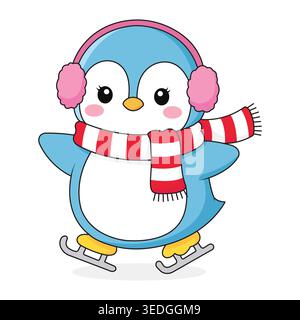 Winter Vector illustrazione di un simpatico personaggio di Kawaii Penguin pattinaggio su ghiaccio con sciarpa e cuffie Illustrazione Vettoriale