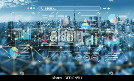 Visualizzazione dei dati urbani con grafici, grafici e interfaccia digitale sul panorama urbano che rappresentano tecnologia e analisi nel mondo aziendale moderno Foto Stock