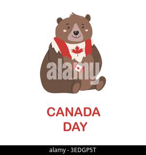 Illustrazione vettoriale del Canada Day con cartone animato orso. Grazioso animale della foresta con bandiera canadese e sciarpa. Modello quadrato Canada Day per biglietto d'auguri, banne Illustrazione Vettoriale