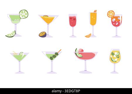 Set di cocktail in stile piatto vettoriale. Include vari cocktail colorati con decorazioni come frutta ed erbe aromatiche. Cocktail vari - martini, sp Illustrazione Vettoriale