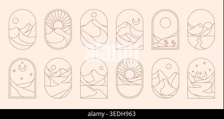 Paesaggi desertici, icone boho, cornici estetiche per finestre. Sole lineare vettoriale, luna e stelle, cactus, dune e linee fluide che evocano tranquilli viaggi avventurosi all'aperto e scene naturali all'orizzonte Illustrazione Vettoriale