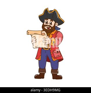 Pirata cartoni animati con una vecchia mappa del tesoro. Brulicante boatswain con barba in tricorn cappello e giacca rossa. Capitano e marinaio corsaro per manifesti, inviti e decorazioni di feste pirata Illustrazione Vettoriale