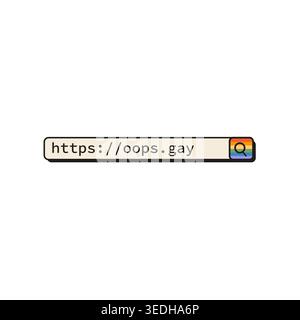 Barra di ricerca computer retro con icona arcobaleno e testo umoristico queer isolato su bianco. Barra degli indirizzi del browser web estetico degli anni '90 con slogan gay per LGBTQ Illustrazione Vettoriale