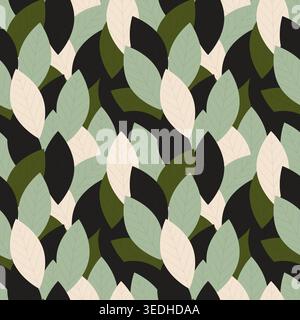 Motivo con foglie dai toni terrosi su sfondo nero, texture floreale vettoriale minimalista per la stampa tessile, carta da parati per arredamento domestico, carta da imballaggio e design alla moda. elegante sfondo con fogliame organico per un marchio moderno. Illustrazione vettoriale Illustrazione Vettoriale