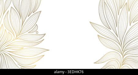 Elegante motivo botanico oro con foglie dalla linea elegante e sfondo con elementi floreali. Illustrazione vettoriale, vegetazione tropicale, motivi da giardino, arredamento moderno Illustrazione Vettoriale