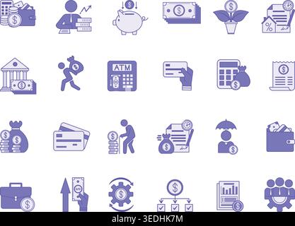 Set di icone finanziarie personali colorate. Illustrazioni vettoriali bilancio, investimenti, spese, entrate, imposte, credito, portafoglio, Piggy Bank, mutui e molto altro Illustrazione Vettoriale