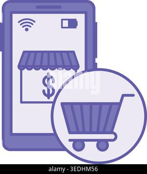 Icona colorata del negozio online. Illustrazione vettoriale. Telefono cellulare, negozio e carrello. Sito Web o applicazione per lo shopping online. Concetto di marketing digitale Illustrazione Vettoriale